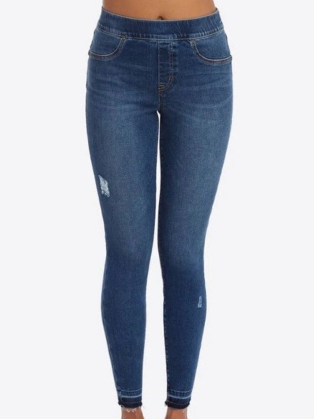 Spanx Pull-On Jeans Medium Wash Raw Hem Faux Fly Back Pockets Size M